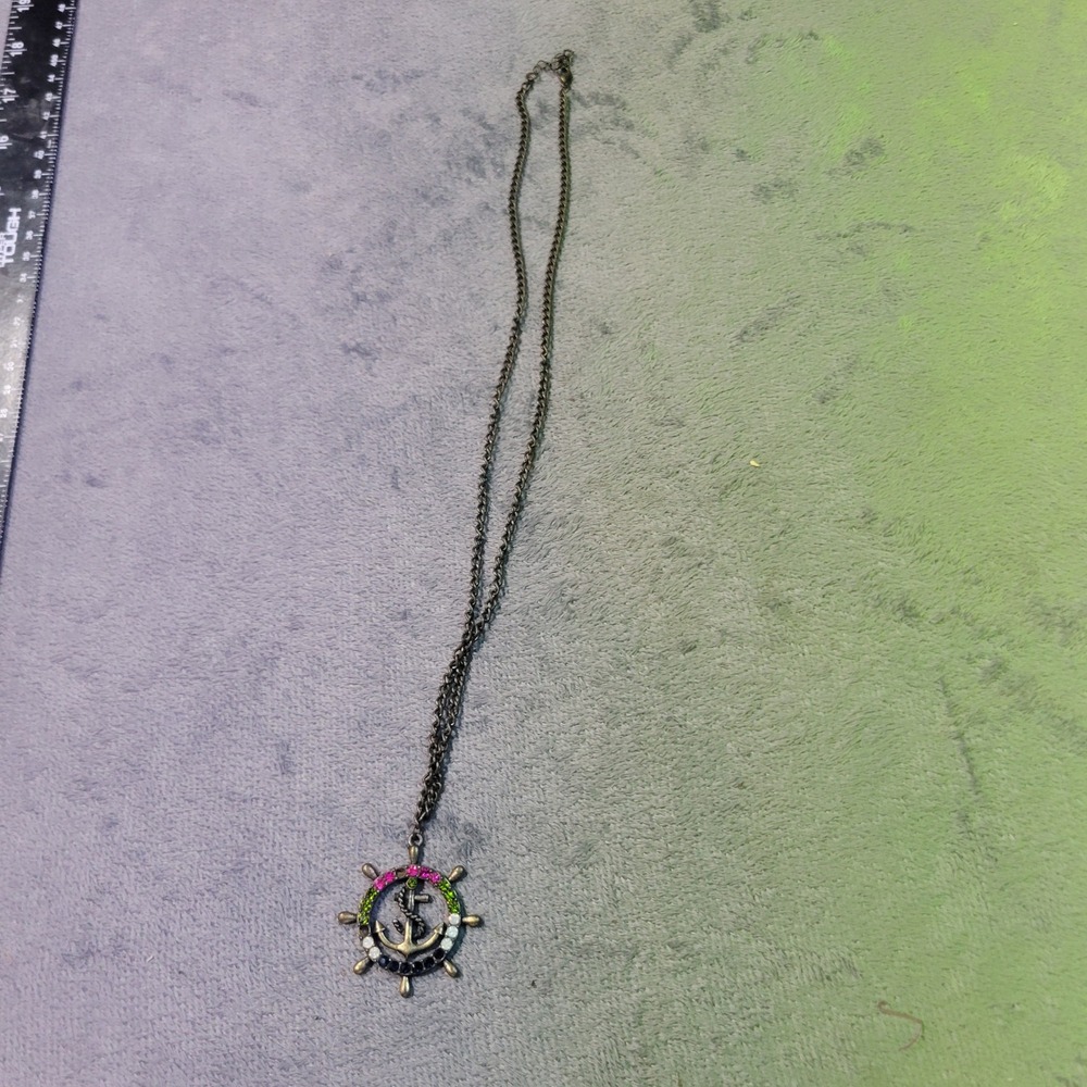 Necklace Womens OS Antique‎ Gold Nautical Anchor Ship Wheel Rhinestone Sailor